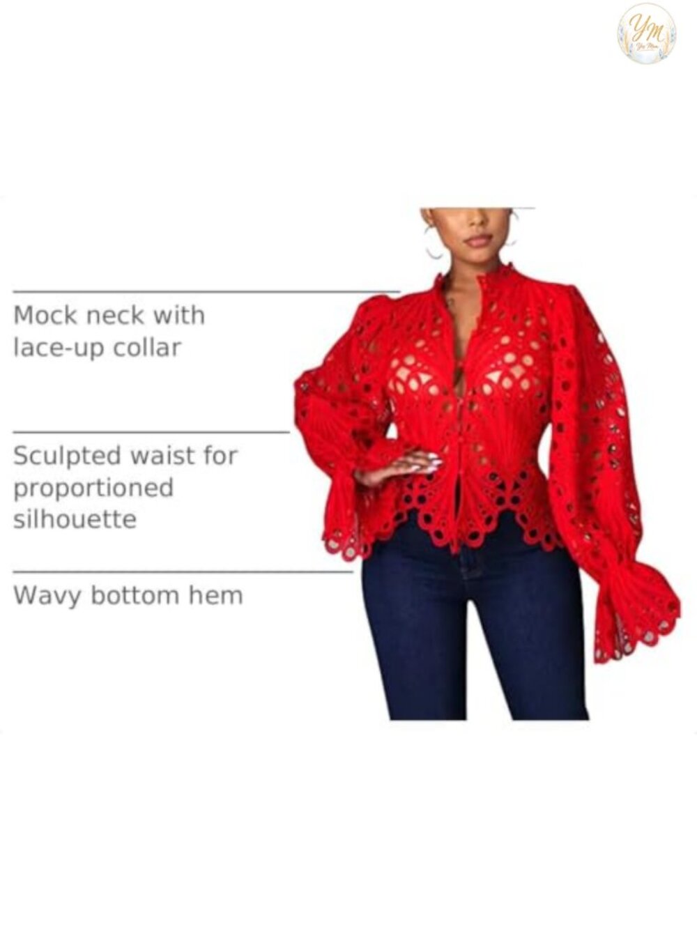 Lace Ruffle Puff Long Sleeve Button Down Top - Picture 3 of 5